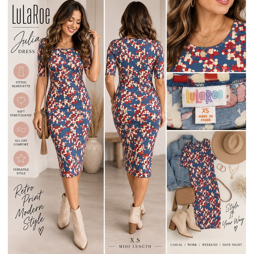 LuLaRoe Julia Dress Womens XS Blue Red Retro Print Short Sleeve Midi Sheath NEW
